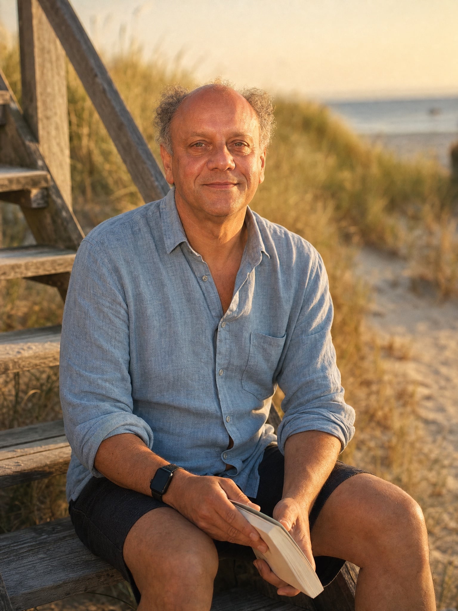 Esam Abou-El Magd sitzt lächelnd auf einer Holztreppe am Strand, ein Buch in der Hand, im warmen Abendlicht.
